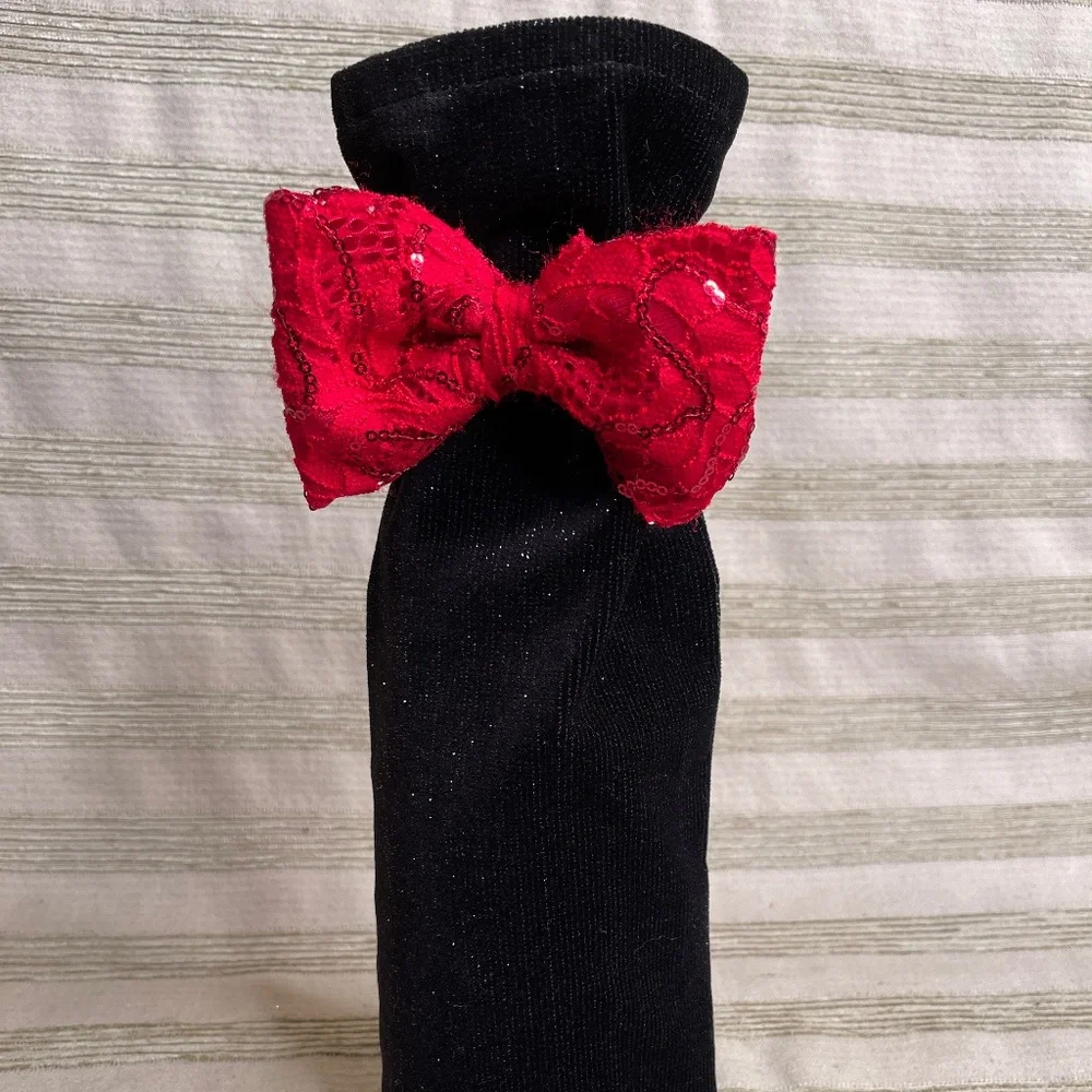 Handcrafted Wine or Liquor Bottle Gift Bag Sparkly Black Bag and Sparkly Red Tie